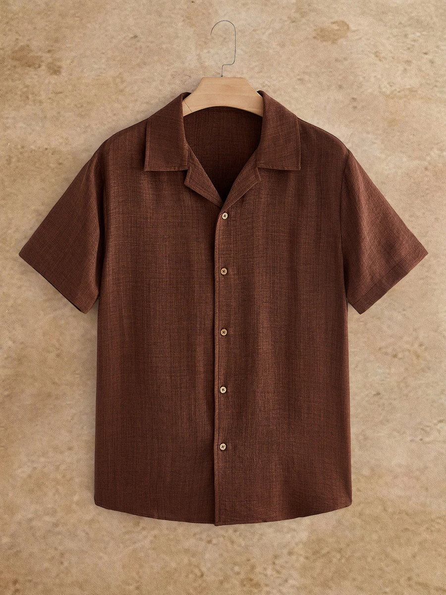 HIMLAND Men's Woven Casual Short Sleeve Shirt - Rust Brown - View 1