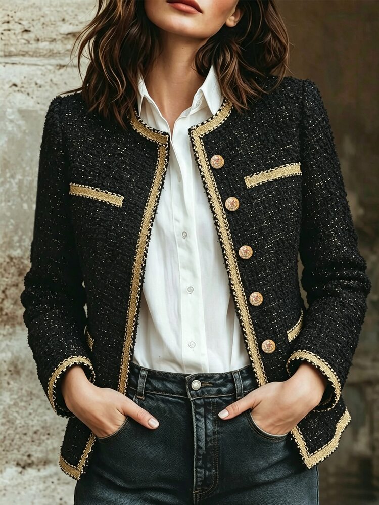 SHEIN Damjackor för höst/vinter, tweedjackor, formella och eleganta jackor, jackor för pendling, sociala evenemang och kontoret, nyårsoutfits - Svart - Visa 3