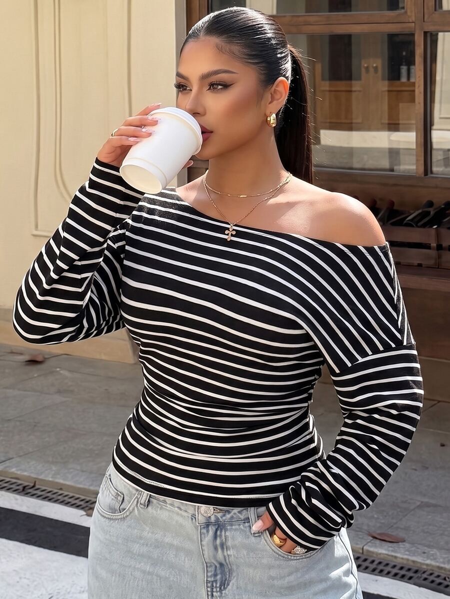 Muchica Black And White Striped Open Shoulder Knit T-Shirt Featuring Batwing Sleeves And A Gathered Waist Perfect For Vacations Dates Fall Cargo Elegant - Black and White - View 1