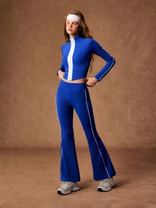 VARSIVA Women's Zip-Up Long Sleeve Top And Striped Flared Pants Sports Set - Multicolor - View 4