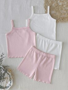 SHEIN Young Girls Spring/Summer Camisole Tank Top Shorts Solid Color Baby Pink Camisole Tank Top Shorts Underwear Set 2pcs -Piece Set - Multicolor - View 2