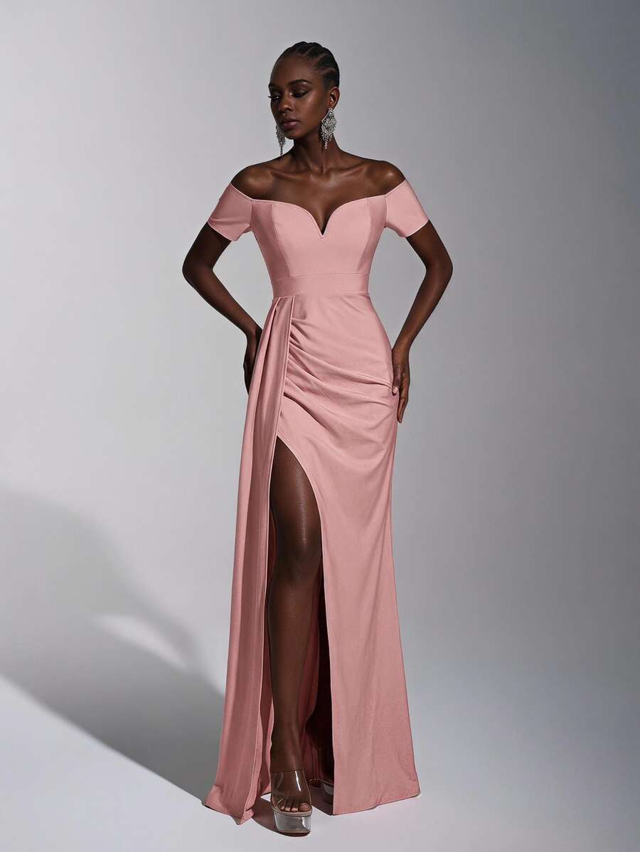 Elitara Vestido de dama de honor con hombros descubiertos, drapeado y abertura en el muslo en color rojo borgoña - Rosa Pálido - Ver 1