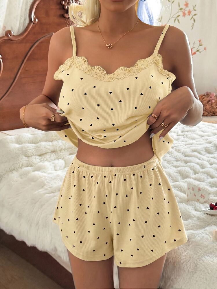 CottageSlumber Women's Yellow Summer Cute Sleep Pajama Set,Knitted Rib Fabric Heart Print Patchwork With Lace Trim, Camisole And Shorts,Fresh Outerwear - Apricot - View 3