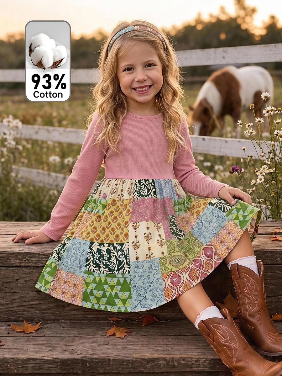 SHEIN Young Girl Knitted Solid Color Patchwork Woven Floral Hem Casual Dress - Pink - View 1
