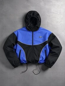 Manfinity Roghcode Men's Fall Color Block Hooded Jacket, Emblem Badge Contrast Piping Accents. Y2K Streetwear-Themed Christmas Halloween Gift. Vacation Sports Blue - Multicolor - View 3