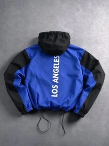 Manfinity Roghcode Men's Fall Color Block Hooded Jacket, Emblem Badge Contrast Piping Accents. Y2K Streetwear-Themed Christmas Halloween Gift. Vacation Sports Blue - Multicolor - View 2