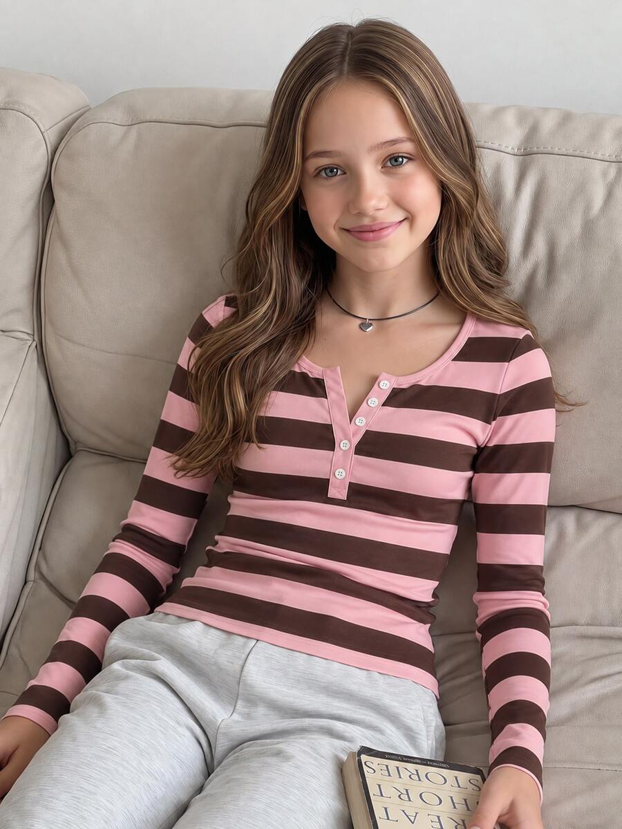 Tween Girl Striped Long Kids Sleeve Casual Versatile T-Shirt With Faux Button Design - White - View 1