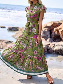 Sylviya Gaun Liburan Wanita Motif Bunga Kecil Lengan Pendek dengan Hem Berkerut, Gaun Panjang, Gaya Bohemian, Liburan - Hijau - View 5
