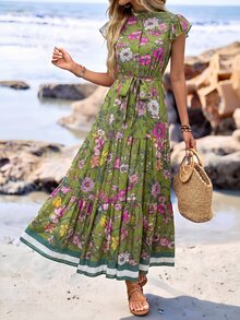 Sylviya Gaun Liburan Wanita Motif Bunga Kecil Lengan Pendek dengan Hem Berkerut, Gaun Panjang, Gaya Bohemian, Liburan - Hijau - View 3