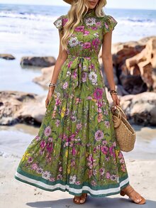Sylviya Gaun Liburan Wanita Motif Bunga Kecil Lengan Pendek dengan Hem Berkerut, Gaun Panjang, Gaya Bohemian, Liburan - Hijau - View 2