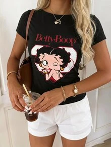 Betty Boop x SHEIN SHEIN EZwear Women's Cartoon Print Short Sleeve T-Shirt, Suitable For Spring And Summer - Multicolor - View 4