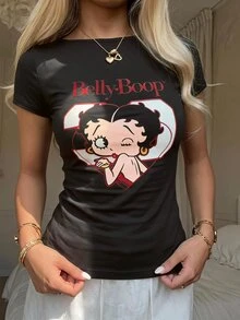 Betty Boop x SHEIN SHEIN EZwear Women's Cartoon Print Short Sleeve T-Shirt, Suitable For Spring And Summer - Multicolor - View 7