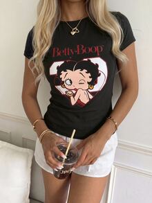 Betty Boop x SHEIN SHEIN EZwear Women's Cartoon Print Short Sleeve T-Shirt, Suitable For Spring And Summer - Multicolor - View 3