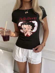 Betty Boop x SHEIN SHEIN EZwear Women's Cartoon Print Short Sleeve T-Shirt, Suitable For Spring And Summer - Multicolor - View 5