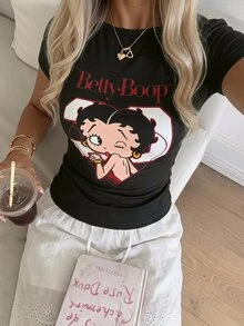 Betty Boop x SHEIN SHEIN EZwear Women's Cartoon Print Short Sleeve T-Shirt, Suitable For Spring And Summer - Multicolor - View 6