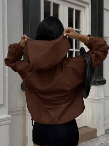 SHEIN EZwear 黑色連帽防風夾克，落肩設計，半透明梭織面料，1/4拉鍊套頭式女款連帽衫，秋季女款連帽衫 - 棕色 - 查看 2