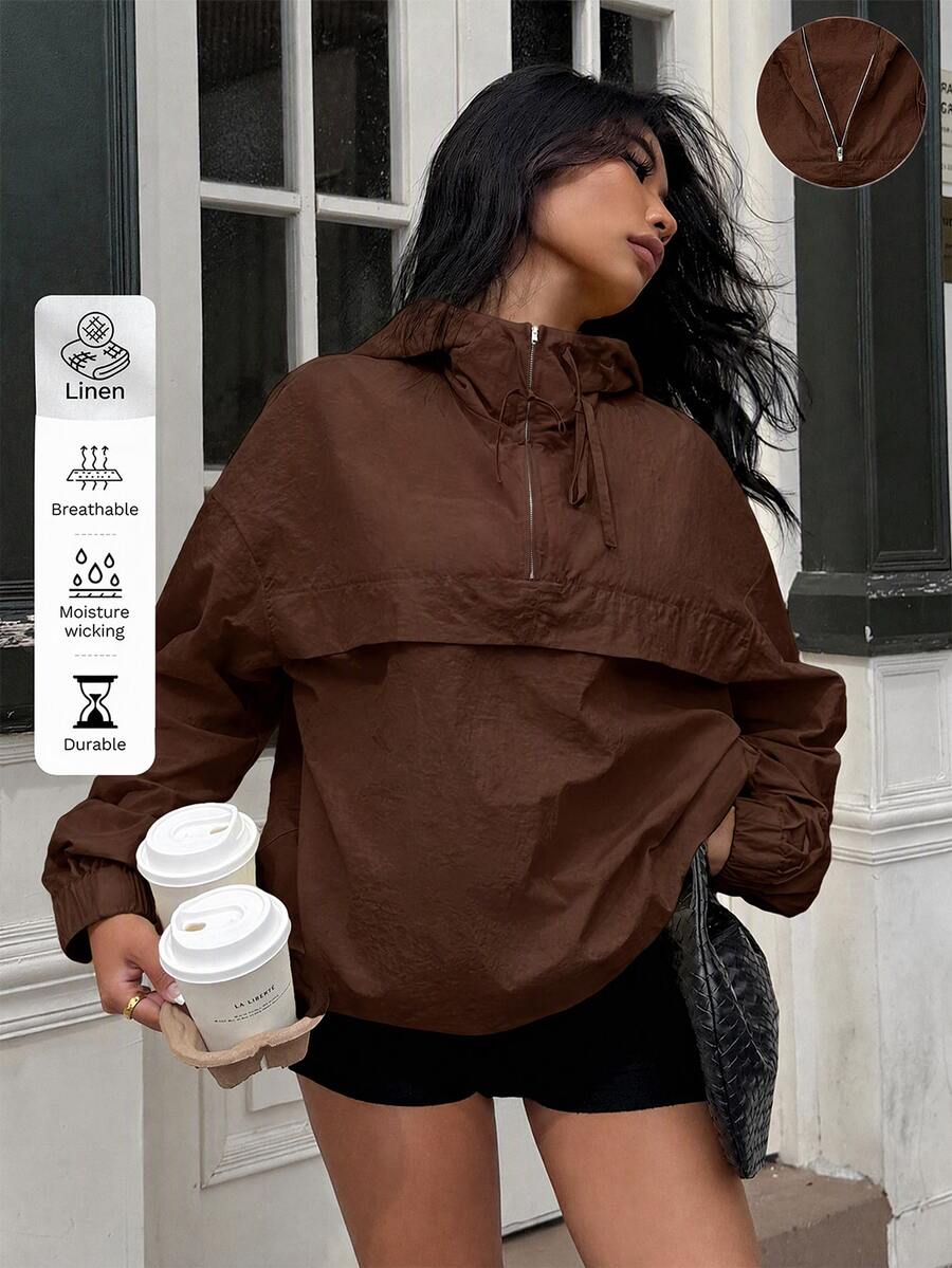 SHEIN EZwear 黑色連帽防風夾克,落肩設計,半透明梭織面料,1/4拉鍊套頭式女款連帽衫,秋季女款連帽衫 - 棕色 - 查看 1