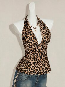 SHEIN ICON 萬聖節女款掛脖露背棕色斑馬紋娃娃裝背心，適合外出夜店，夏季性感 - 彩色 - 查看 8