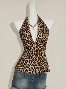 SHEIN ICON 萬聖節女款掛脖露背棕色斑馬紋娃娃裝背心，適合外出夜店，夏季性感 - 彩色 - 查看 11
