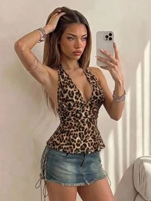 SHEIN ICON 萬聖節女款掛脖露背棕色斑馬紋娃娃裝背心，適合外出夜店，夏季性感 - 彩色 - 查看 3