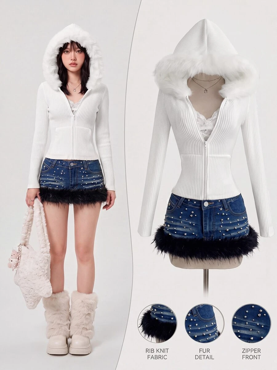 Elamini Women's Plush Patchwork Fashion Versatile Denim Mini Skirt - Blue - View 1