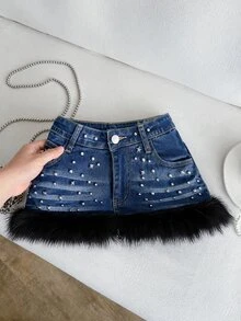Elamini Women's Plush Patchwork Fashion Versatile Denim Mini Skirt - Blue - View 3