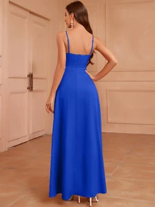 Elitara Spaghetti Strap Backless Elegant Pleated Front Bridesmaid Dress With Slit (Adult) - Royal Blue - View 2