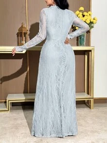 Feyla Women's Elegant Lace 3D Floral Decor Mid-Length Dress, Spring/Summer,Prom Dress - Blue - View 3