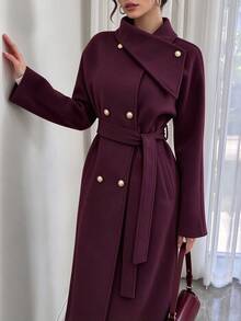 Elenzga Women's Solid Color Waist Knot Fashion Versatile Daily Wear Overcoat - Red Violet - View 3