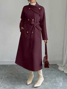 Elenzga Women's Solid Color Waist Knot Fashion Versatile Daily Wear Overcoat - Red Violet - View 6
