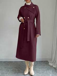 Elenzga Women's Solid Color Waist Knot Fashion Versatile Daily Wear Overcoat - Red Violet - View 4