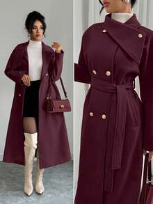 Elenzga Women's Solid Color Waist Knot Fashion Versatile Daily Wear Overcoat - Red Violet - View 1