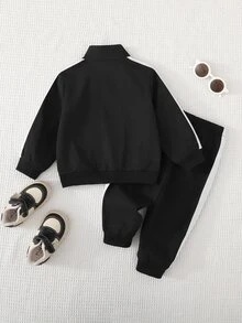 Cozy Pixies 男嬰兒童休閒日常時尚翻領開襟藍色拼接織帶夾克外套與運動長褲套裝，返校季 - 黑色 - 查看 6