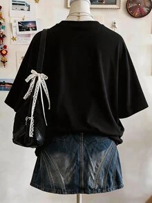 復古時尚黑貓印花，青少年女孩休閒寬鬆圓領短袖T恤，可愛圖案充滿活力女孩風，適合夏季日常出遊、街頭打卡、校園返校，夏季穿搭首選 - 彩色 - 查看 2