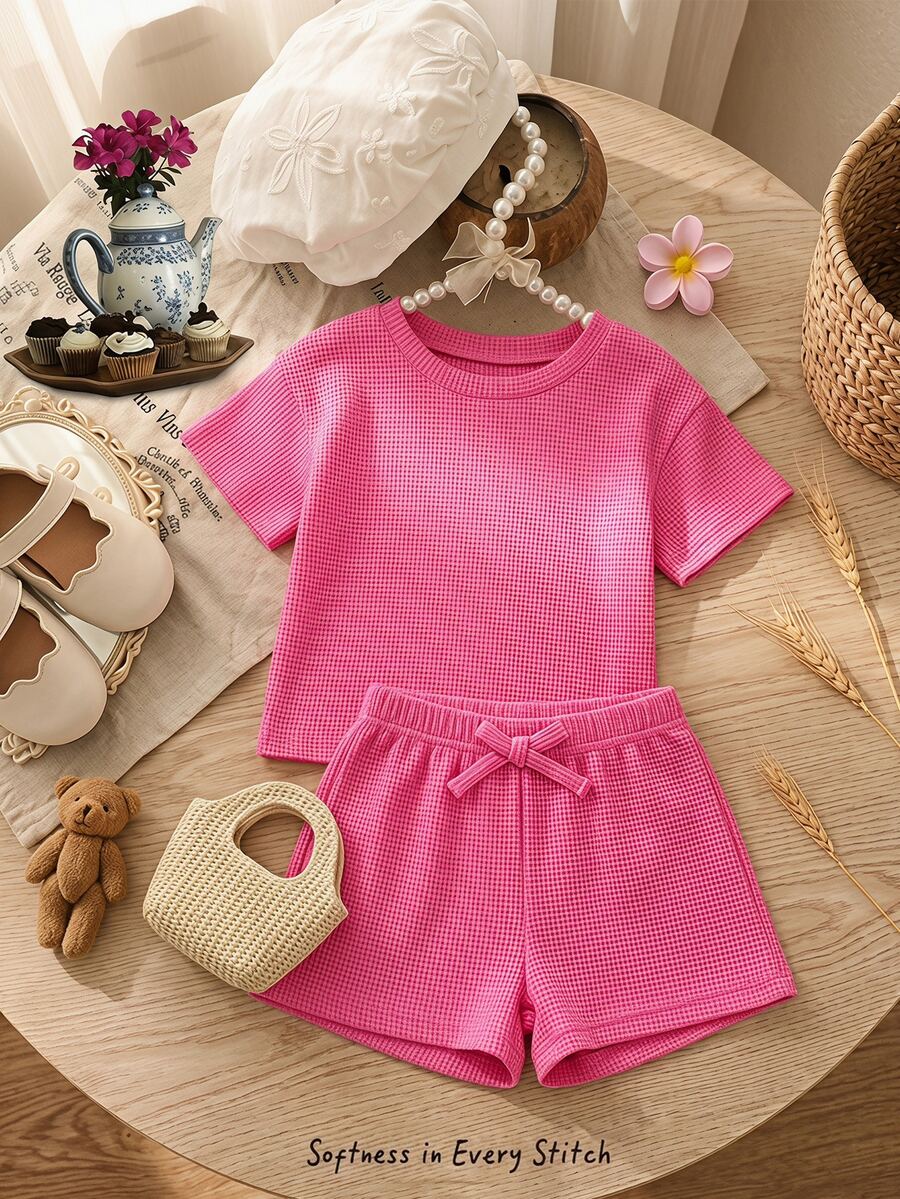 Cozy Pixies Baby Girl Fashion Casual Outing 2-Piece Set T-Shirt And Shorts Outfit, Suitable For Summer - Hot Pink - View 1
