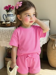 Cozy Pixies Baby Girl Fashion Casual Outing 2-Piece Set T-Shirt And Shorts Outfit, Suitable For Summer - Hot Pink - View 8