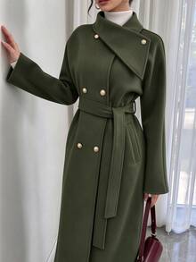 Elenzga Women's Autumn Fashion Double-Breasted Overcoat Fall/Winter Office Olive Green Elegant - Army Green - View 7