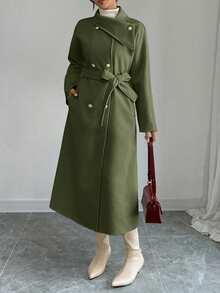 Elenzga Women's Autumn Fashion Double-Breasted Overcoat Fall/Winter Office Olive Green Elegant - Army Green - View 6