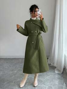 Elenzga Women's Autumn Fashion Double-Breasted Overcoat Fall/Winter Office Olive Green Elegant - Army Green - View 4