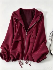 Linhara Women's Plus Size Suede Drawstring Utility Jacket, Purple Red Hooded Outdoor Casual Commute Coat, Autumn/Winter - Red Violet - View 4