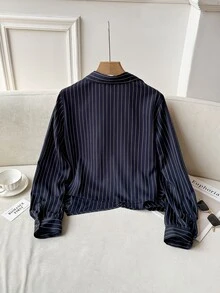 Solavon 女式长袖领口系带收腰条纹休闲衬衫 - 藏蓝色 - 查看 6