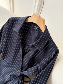 Solavon 女式长袖领口系带收腰条纹休闲衬衫 - 藏蓝色 - 查看 4