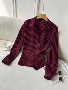Modelyn Collared Tie-Front Long Sleeve Cinched Waist Striped Casual Shirt For Women - Burgundy - View 5