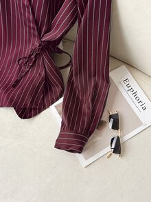 Modelyn Collared Tie-Front Long Sleeve Cinched Waist Striped Casual Shirt For Women - Burgundy - View 7