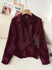Modelyn Collared Tie-Front Long Sleeve Cinched Waist Striped Casual Shirt For Women - Burgundy - View 3