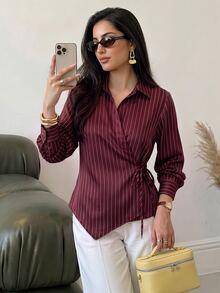 Modelyn Collared Tie-Front Long Sleeve Cinched Waist Striped Casual Shirt For Women - Burgundy - View 2