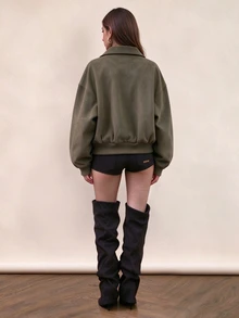 Rina Fox Oversized Streetwear Faux Suede Zip Up Cropped Jacket Lapel Ribbed Hem Casual Outerwear Everyday Olive Green Fall - Army Green - View 3