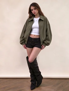 Rina Fox Oversized Streetwear Faux Suede Zip Up Cropped Jacket Lapel Ribbed Hem Casual Outerwear Everyday Olive Green Fall - Army Green - View 8