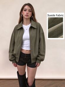 Rina Fox Oversized Streetwear Faux Suede Zip Up Cropped Jacket Lapel Ribbed Hem Casual Outerwear Everyday Olive Green Fall - Army Green - View 6
