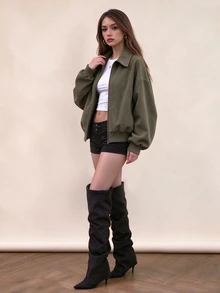 Rina Fox Oversized Streetwear Faux Suede Zip Up Cropped Jacket Lapel Ribbed Hem Casual Outerwear Everyday Olive Green Fall - Army Green - View 4